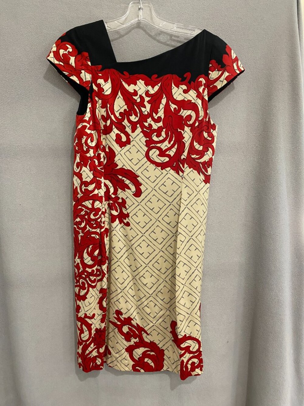 Yoana Baraschi Silk Blend Red Black Baroque Print Dress Cap Sleeve Sheath Size 4 - Picture 2 of 8